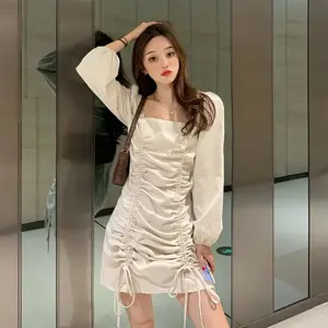 Gran oferta nuevo diseño mujeres Collar cuadrado falda sexy de manga larga Casual mini vestidos