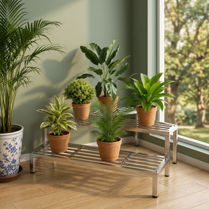 Support à fleurs moderne en acier inoxydable chromé à deux niveaux pour plantes d'intérieur à usage domestique - Product Image 5
