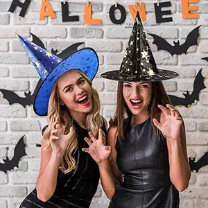 Jubah kostum Halloween, jubah penyihir dengan topi bintang dan pola bulan dan saku labu, jubah dan topi pesta bermain peran anak-anak