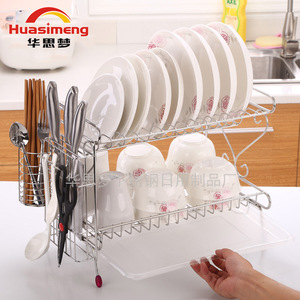 Huasimeng Stainless Steel Double Layer Dish Rack With Tray Quick Dry Kitchen Storage For Plates Cups Utensils L Size - Product Image 1