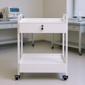 Carrito de Laboratorio de Acero Inoxidable de 2 Niveles con 2 Cajones, con Ruedas Giratorias y Pintura Blanca, para Uso en Hospitales y Laboratorios - Product Image 2