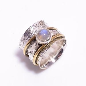 Texture Band Rainbow Moonstone <b>Spinner</b> Meditation Spinning Fidget <b>Ring</b> Handmade Silver Jewelry - Product Image 1
