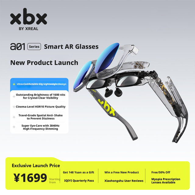 2026 New XREAL xbx a01 AR Glasses 62g Ultra-Light 1600nits 147" HDR10 Virtual Screen USB-C Plug and Play for Phone PC Steam Deck