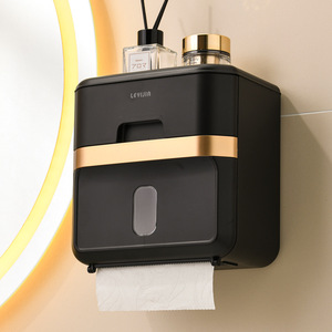 Levijia Wall Mounted Tissue Box Black Gold Bathroom Toilet Paper <b>Holder</b> No Drilling Required Storage Rack - Product Image 1
