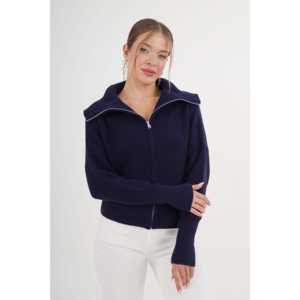 Cárdigan de punto azul marino para mujer, informal, con cuello con cremallera, anti-bolitas, suéter de manga larga - Product Image 5