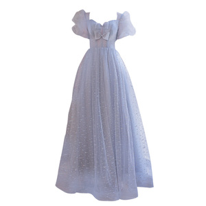 Grey Puff Sleeve Evening Gown Sweetheart Neckline Empire Waist Ruffles Performance Wedding Dress - Product Image 5