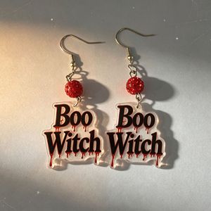 Boucles d'oreilles pendantes en acrylique avec lettres effet sang coulant pour Halloween, motif Boo Sorcière et texte effrayant, bijoux de fête gothiques - Product Image 4