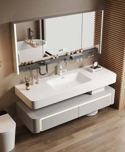 Italian Minimalist Style Solid Wood Bathroom Cabinet Integrated Stone Basin Bathroom <b>Vanity</b> <b>with</b> Smart <b>Mirror</b> - Product Image 6