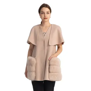 Fashion Design Woolen Vest Winter Women Wool Cape Coat With Detachable Fox Fur