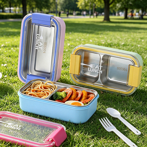 Japanese Style Stainless Steel <b>Lunch</b> <b>Box</b> 500ml/600ml Single/Dual <b>Compartment</b> Leakproof Bento <b>Box</b> AS Clear Lid Custom Logo - Product Image 1