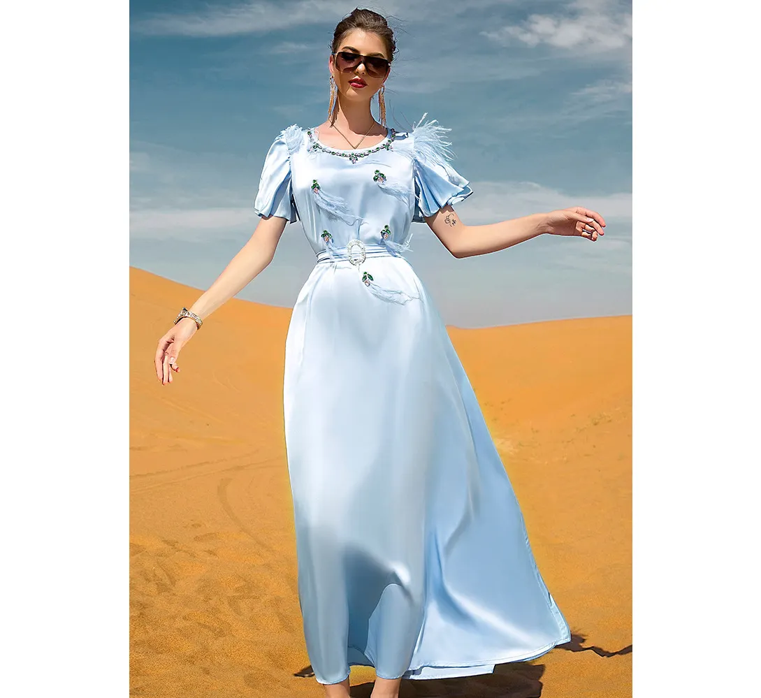 水色サテン表面蓮の葉フェザードレス手縫いイスラムスタイルウエストバンドロングスカート