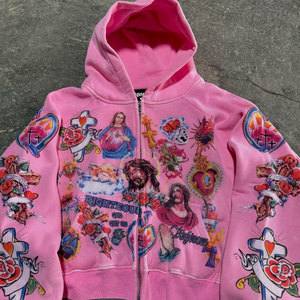 Felpa con Cappuccio e Zip Integrale dal Taglio Boxy, Stampa Personalizzata All-Over Dtg, Cerniera Oversize, Tessuto Pesante in 100% Cotone, Grafica Spalle Scivolate - Product Image 3