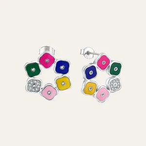 Cute Colorful Enamel Flower Stud Earring Sterling Silver Asymmetry Color Cartoon Flower Earrings