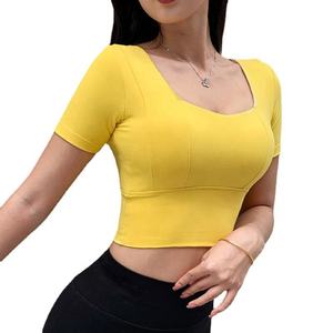 Özel logo hafif fırçalanmış kadın yaz Tops kısa kollu kırpma rahat kadın kırpma gömlekler gevşek Fit egzersiz t-shirt - Product Image 4