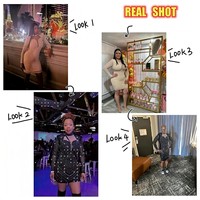 Langärmeliges dünnes Minikleid Damen Netz durchsichtig Strass Bleistift-Kleid sexy V-Ausschnitt Lady funkelnde Party-Kleider