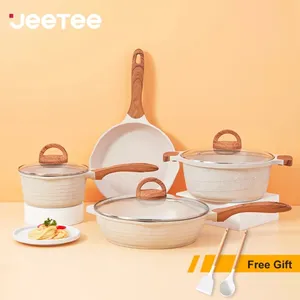 JEETEE कास्ट एल्यूमीनियम चीनी मिट्टी Nonstick ग्रेनाइट प्रेरण Cookware सेट के साथ 9 Pcs बर्तन और धूपदान सेट के साथ ख़त्म पैन प्रेरण