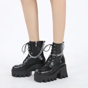 Fermeture éclair mode élastique tricot chaussette Design Bottes Moto noir cuir plate-forme Wedge bottes pour femmes