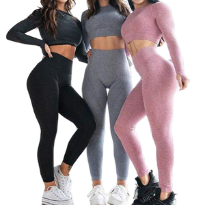 Ensemble 5 pièces de vêtements de sport sans couture pour femme, anti-UV, le plus populaire, avec haut court à manches longues, taille élastique, pour yoga, grandes tailles - Product Image 1