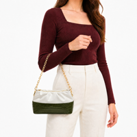 Sac à bandoulière en cuir gaufré croco vert foncé et crème avec chaîne dorée, élégant et chic pour femme, personnalisable OEM