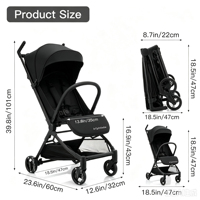 Poussette bébé compacte et légère en aluminium Brightbebe, pliable d'une seule main, avec siège inclinable pour avion
