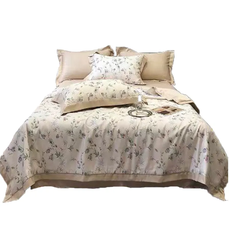 Sábana de algodón 100% de 60s, juego de cama de algodón lavable, 4 piezas, ropa de cama de algodón con grapas largas