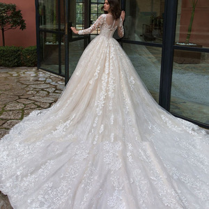 Nuovo Abito da <span class=keywords><strong>Donna</strong></span> a Maniche Lunghe in Pizzo Tinta Unita, Vestito da Sposa Stile Europeo Americano - Product Image 2