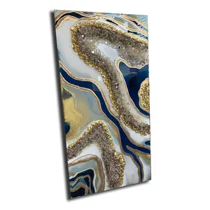 Decorazione Murale di Lusso Arte in Resina Blu Pavone Personalizzata Arte Murale in Resina Epossidica Geode Dorata Dipinto su Tela con Cristalli per Casa Ufficio Hotel - Product Image 1