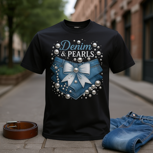 T-shirt pour femmes en denim et perles pour les amoureuses des jeans, design tendance - Product Image 3