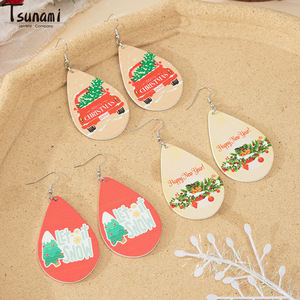 Christmas Wooden Teardrop <b>Drop</b> Earrings Cartoon Print Women's Gift Jewelry - Product Image 3