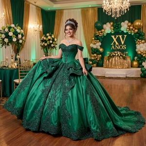 Rsm261126 Stunning off Shoulder Sweetheart Lace Applique Bow Vintage Chiffon Emerald Ball Gown <b>Quinceanera</b> <b>Dress</b> Prom for - Product Image 1