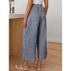 FOXA Womens Gingham Palazzo Capri Pants <b>Wide</b> <b>Leg</b> Cotton Pajama <b>Trousers</b> With Pockets Breathable <b>Crop</b> PJ Bottoms - Product Image 5
