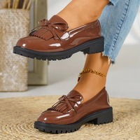 Chaussures à talon épais avec nœud décoratif, style preppy, à enfiler, type Oxford, pour le bureau et le quotidien, mocassins bordeaux en PU à pampilles