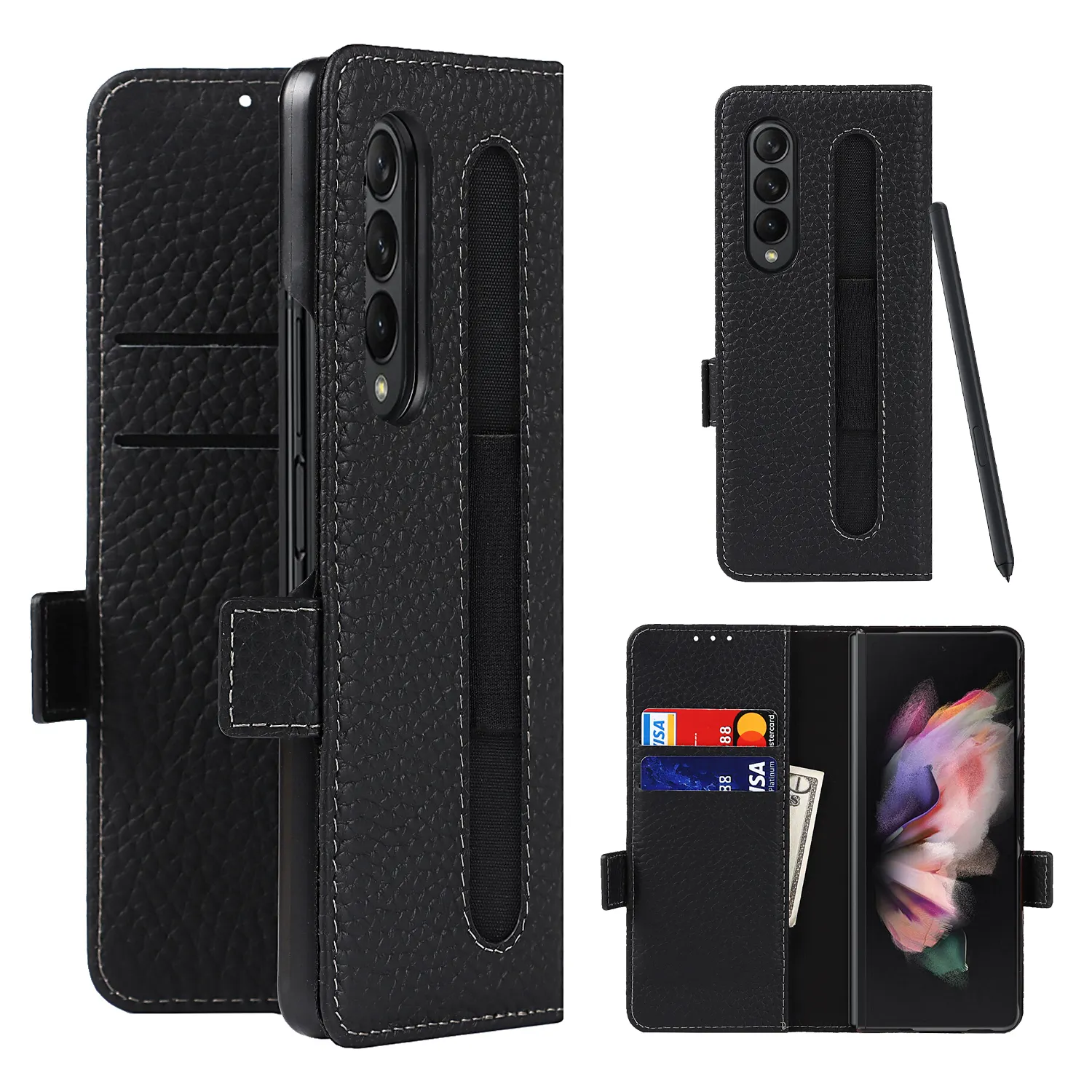 Falten Sie 3 Slot Hüllen für Samsung Galaxy Z Fold 3 Card Slot Fold 3 W22 Cover PC Echt leder Back Case für Z Fold 3 5G mit Glas