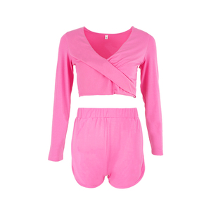 Conjuntos <span class=keywords><strong>de</strong></span> Ropa para Niñas Pequeñas, Color Rosa Fucsia, Top Corto Cruzado con Cuello en V y Manga Larga, Pantalones Cortos Tipo Delfín, Dos Piezas - Product Image 3