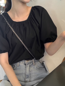 Chemisier <span class=keywords><strong>noir</strong></span> à nouer pour <span class=keywords><strong>femme</strong></span> <span class=keywords><strong>Top</strong></span> à manches bouffantes T-Shirt décontracté et <span class=keywords><strong>chic</strong></span> Summer Loose Fit Cute Boho Style Streetwear - Product Image 4