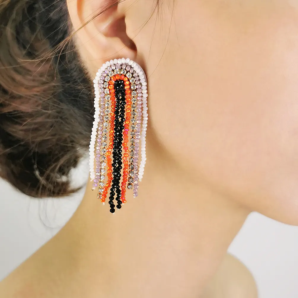 HANSIDON High Quality Elegant Long Tassel Crystal Rhinestone Drop Rainbow Earrings For Women Diamond Beaded Stud Earrings