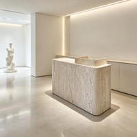 Bureau de réception ovale en marbre naturel de luxe en forme de L avec éclairage LED intégré, style européen moderne pour hôtels de charme