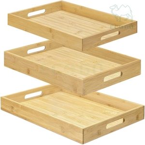 Plateaux de service en bambou de qualité supérieure Plateau en bois 3x élégant avec poignées en bambou véritable Plateaux à thé impressionnants Grands moyens petits - Product Image 5