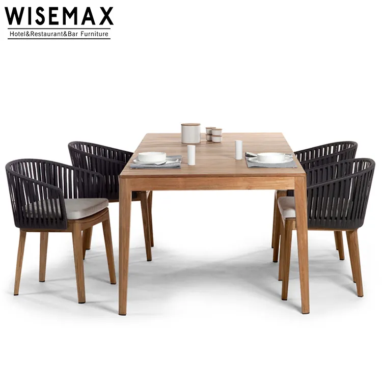 מודרני עיצוב חיצוני מסעדה מזג אוויר עמיד מודרני טיק עץ חיצוני אוכל חבל ארוג פטיו כסאות שולחן