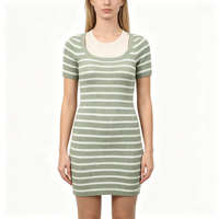 Robe pull slim beige à rayures mi-longue pour femme, tricotée, haute qualité, OEM & ODM personnalisés, vente en gros - Vanessa