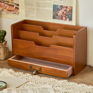 Vintage Wooden Desktop <b>Drawer</b> Storage Box <b>6</b> Tier Organizer Office Document Holder Rectangle Standing Type Old Wood Finish - Product Image 1
