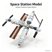 Modèle d'affichage intermodulaire de station spatiale pour usage résidentiel, capsules blanches, connecteurs gris, panneaux solaires à bords rouges, arrays noirs, doré