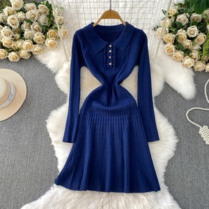Vestido informal de <span class=keywords><strong>manga</strong></span> <span class=keywords><strong>larga</strong></span> con cuello redondo de punto de un solo botón para mujer - Product Image 2