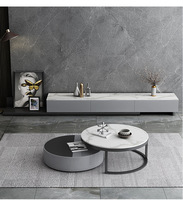 Table basse et meuble TV combinés en panneaux de roche de luxe léger pour salon européen, table basse ronde