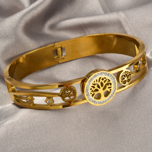 dazzling hollow life‑tree carving zircon embellished sleek bulk personnalisé 18k gold plated stainless steel <b>bangle</b> <b>bracelet</b> - Product Image 5