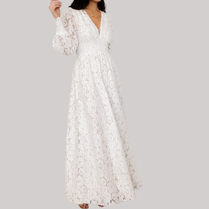Abito <span class=keywords><strong>bianco</strong></span> abiti formali <span class=keywords><strong>bianco</strong></span> abito da festa eleganti modelli <span class=keywords><strong>con</strong></span> manica lunga scollo a V manica in pizzo <span class=keywords><strong>spacco</strong></span> Chiffon per le donne estate - Product Image 3