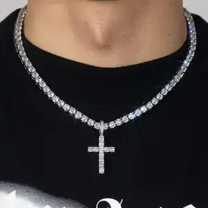 Hip Hop 925 Silver Vermeil Iced Out VVS Moissanite Diamond Cross Pendant Necklace Men Iced Gold Filled Moissanite Cross Pendant