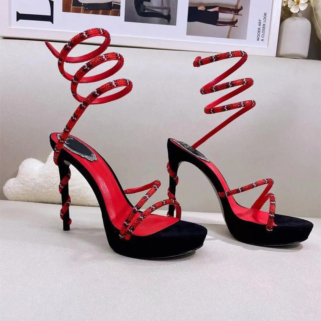 2023 Fashion Heels Black And Red Stiletto Heel Shoes Cowhide Leather Sheep Skin Party Elegant Women Dress Shoes Heeled Sandals