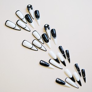 Ongles à presser en acrylique de qualité salon, réutilisables, noirs et blancs bicolores avec nœud 3D et perle pour soirées événementielles, vente en gros - Product Image 3