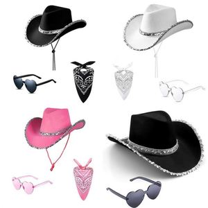 En stock : Ensemble de 3 chapeaux de cowboy/cowgirl blancs avec lunettes carrées et bordure argentée pour fête - Product Image 4